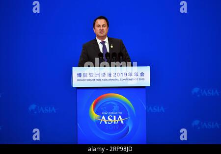 (190328) -- BOAO, March 28, 2019 -- Luxembourg Prime Minister Xavier Bettel addresses the opening plenary of the Boao Forum for Asia (BFA) annual conference in Boao, south China s Hainan Province, March 28, 2019. ) CHINA-BOAO-BFA-ANNUAL CONFERENCE-OPENING (CN) GuoxCheng PUBLICATIONxNOTxINxCHN Stock Photo