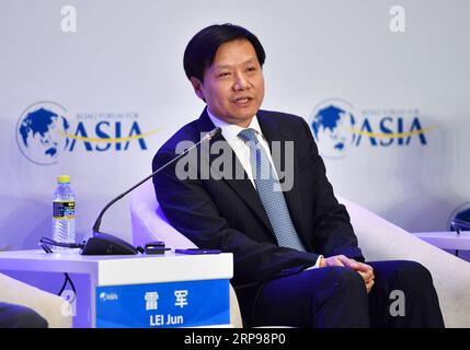 (190328) -- BOAO, March 28, 2019 (Xinhua) -- Lei Jun, chairman and CEO of Xiaomi, speaks at the session of 5G: Bringing Things to Life with the IoT during the Boao Forum for Asia annual conference in Boao, south China s Hainan Province, March 28, 2019. (Xinhua/Guo Cheng) CHINA-BOAO FORUM-SESSION-5G (CN) PUBLICATIONxNOTxINxCHN Stock Photo