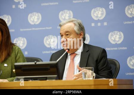 (190328) -- UNITED NATIONS, March 28, 2019 (Xinhua) -- United Nations Secretary-General Antonio Guterres speaks at the news conference for the launch of an annual report of the World Meteorological Organization (WMO), at the UN headquarters in New York, on March 28, 2019. The WMO Statement on the State of the Global Climate 2018 states that 2018 was the fourth warmest year on record and that 2015-2018 were the four warmest years on record. (Xinhua/Li Muzi) UN-WMO-REPORT-NEWS CONFERENCE PUBLICATIONxNOTxINxCHN Stock Photo