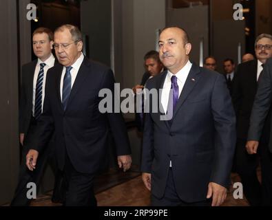 (190329) -- ANTALYA, March 29, 2019 (Xinhua) -- Turkish Foreign Minister Mevlut Cavusoglu (R) meets with his Russian counterpart Sergey Lavrov in Antalya, Turkey, March 29, 2019. Turkey s foreign minister said Friday that the purchase of Russia s S-400 air defense systems is a done deal and refuted claims over possible delivery of these systems to a third country in order to avoid U.S. sanctions. (Xinhua) TURKEY-ANTALYA-FM-RUSSIA-LAVROV-MEETING PUBLICATIONxNOTxINxCHN Stock Photo