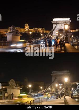 (190331) -- BUDAPEST, March 31, 2019 -- Combo photo taken on March 30, 2019 shows the Chain Bridge and the Buda Castle before (top) and after lights are dimmed in downtown Budapest, Hungary. Earth Hour is a global initiative first launched by World Wildlife Fund (WWF) in 2007 and soon became a popular movement worldwide. ) HUNGARY-BUDAPEST-EARTH HOUR AttilaxVolgyi PUBLICATIONxNOTxINxCHN Stock Photo