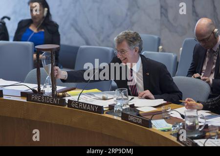 190403 -- UNITED NATIONS, April 3, 2019 Xinhua -- German UN ambassador Christoph Heusgen Front holds an hourglass as he chairs a UN Security Council meeting on the situation in Haiti at the UN headquarters in New York, on April 3, 2019. UN Security Council looked and acted differently Wednesday with two visible changes -- perennially closed drapes were pulled open and an hourglass was placed on the table in front of the council president, German UN ambassador Christoph Heusgen, who wished to have the chamber enlightened. Xinhua/Li Muzi UN-SECURITY COUNCIL-DRAPES-HOURGLASS-CHANGES PUBLICATIONxN Stock Photo