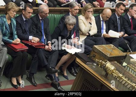 (190404) -- LONDON, April 4, 2019 -- British Prime Minister Theresa May (4th L) attends the Prime Minister s Questions at the House of Commons in London April 3, 2019. British lawmakers on Wednesday night voted to support a bill that rules out no-deal and delays Britain s departure from the European Union in a narrow margin. UK Parliament/Mark Duffy) BRITAIN-LONDON-PMQS HOCxMANDATORYxCREDIT:xUKxParliament/MarkxDuffy PUBLICATIONxNOTxINxCHN Stock Photo