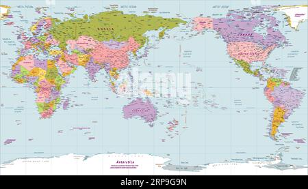 Political world map Asia centered Patterson projection Stock Vector