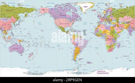 Political world map America centered Patterson projection Stock Vector