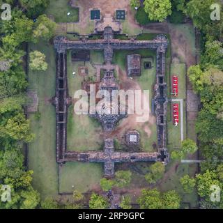 (190406) -- BURIRAM, April 6, 2019 (Xinhua) -- Aerial photo taken on April 6, 2019 shows the Phanom Rung, a Hindu Khmer Empire temple complex in Buriram Province in the Isan region of Thailand. Phanom Rung Historical Park Festival is usually held every first weekend of April to celebrate the unusual phenomenon when the rays of the rising sun shine through all of the Khmer temple s 15 doorways at the same time. This awe-inspiring spectacle takes place four times a year at the Phanomrung Sanctuary and is believed to bring great blessings upon everyone who is there to witness it. (Xinhua/Zhang Ke Stock Photo