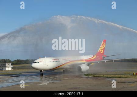 (190407) -- BEIJING, April 7, 2019 (Xinhua) -- Photo taken on Sept. 15, 2017 shows the first flight from Beijing to Belgrade (via Prague) by China s Hainan Airlines landing at the Nikola Tesla International Airport in Belgrade, Serbia. (Xinhua/Wang Huijuan) Xinhua Headlines: From Brussels to Balkans, Chinese premier visits Europe for closer ties PUBLICATIONxNOTxINxCHN Stock Photo