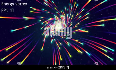Luminous particles fly in a whirlpool or vortex in a tunnel. Visualization of large data streams. Stock Vector