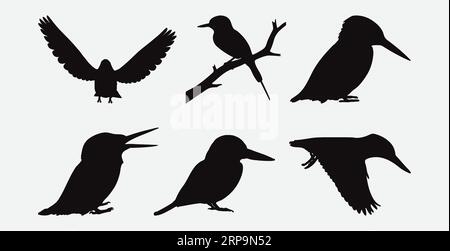 Majestic Kingfisher Silhouettes, A Collection of Graceful Birds in Exquisite Detail Stock Vector