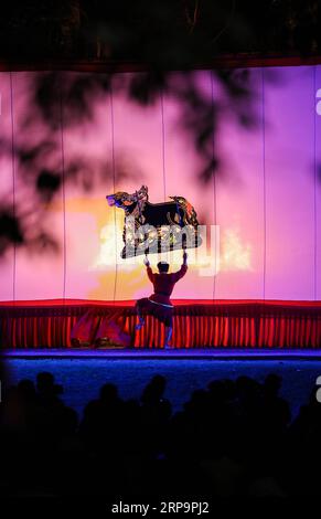 (190414) -- BANGKOK, April 14, 2019 (Xinhua) -- An artist performs Nang Yai, a shadow puppet performance, at Wat Khanon in Ratchaburi Province, Thailand, April 13, 2019. Nang yai is a form of shadow play found in Thailand and Cambodia. Puppets are made of painted buffalo hide, while the story is narrated by songs, chants and music. (Xinhua/Zhang Keren) THAILAND-RATCHABURI-SHADOW PUPPET PUBLICATIONxNOTxINxCHN Stock Photo