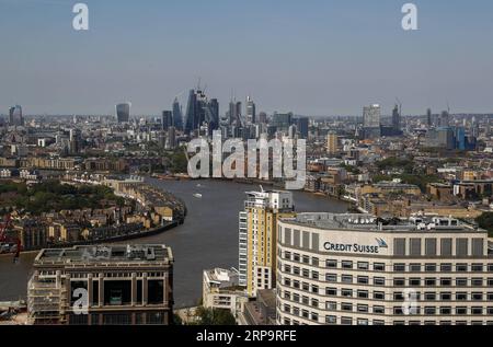 (190415) -- LONDON, April 15, 2019 (Xinhua) -- The City of London is seen across the River Thames in the photo taken on May 15, 2018 in London, Britain. The deal agreed between UK Prime Minister Theresa May and the European Union (EU) to extend the Brexit date until the end of October will delay any rebound in economic performance, an economist said in a recent interview with Xinhua. May s agreement in Brussels with leaders of the EU to move the Brexit date from April 12 to Oct. 31 will have economic and monetary policy consequences, according to Paul Dales, chief UK economist at Capital Econo Stock Photo