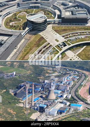(190419) -- YANGQUAN, April 19, 2019 (Xinhua) -- Combination aerial photo shows the view of Baidu s cloud computing center (above) at the economic and technological development zone in Yangquan, north China s Shanxi Province, taken by Yang Chenguang on April 16, 2019, and the Xinjing coal mine (below, file photo) of the Yangquan Coal Industry (Group) Co., Ltd. in Yangquan, on Sept. 22, 2011. Yangquan has been transforming from a coal-dependent city to a city applying new technologies of Big Data and information services to various aspects of social life and developments. From harboring Baidu s Stock Photo