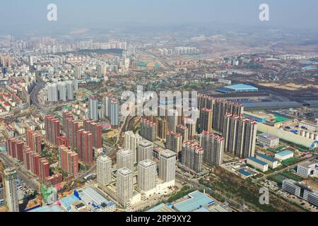 (190419) -- YANGQUAN, April 19, 2019 (Xinhua) -- Aerial photo taken on April 16, 2019 shows the view of Yangquan, north China s Shanxi Province. Yangquan has been transforming from a coal-dependent city to a city applying new technologies of Big Data and information services to various aspects of social life and developments. From harboring Baidu s cloud computing center, to taking advantages of various apps and platforms to collect citizen s concerns, supply public information, and monitor production safety, etc., Yangquan has become a new smart city featuring artificial intelligence. (Xinhua Stock Photo