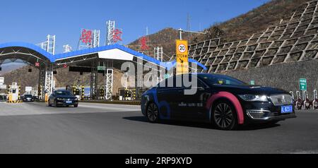 (190419) -- YANGQUAN, April 19, 2019 (Xinhua) -- A fleet of vehicles, equipped with a Baidu Apollo autonomous driving system, conduct tests on the Yangquan section of Wuyu expressway, north China s Shanxi Province, Jan. 22, 2019. Yangquan has been transforming from a coal-dependent city to a city applying new technologies of Big Data and information services to various aspects of social life and developments. From harboring Baidu s cloud computing center, to taking advantages of various apps and platforms to collect citizen s concerns, supply public information, and monitor production safety, Stock Photo