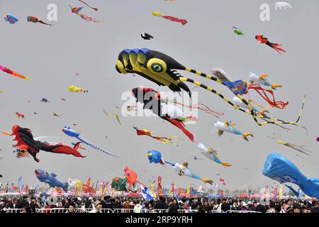(190420) -- WEIFANG, April 20, 2019 (Xinhua) -- Kite enthusiasts fly their kites at the opening ceremony of the 36th Weifang International Kite Festival in Weifang, east China s Shandong Province, April 20, 2019. The annual kite gala kicked off here Saturday. (Xinhua/Guo Xulei) CHINA-SHANDONG-WEIFANG-KITE FESTIVAL (CN) PUBLICATIONxNOTxINxCHN Stock Photo