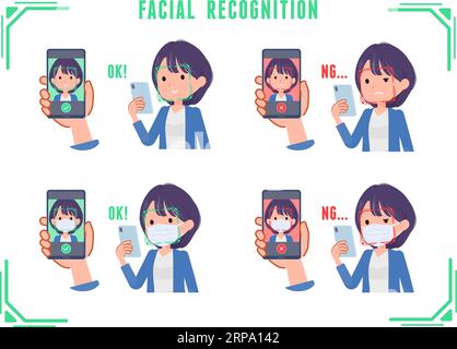 A set of Public relations women doing facial recognition on their phones.It's vector art so easy to edit. Stock Vector
