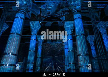 Laser Light Show at Theodosius Cistern (Serefiye Sarnici).  Istanbul, Turkey.   Ancient Roman Underground Cisterns Stock Photo