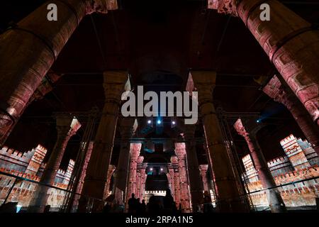 Laser Light Show at Theodosius Cistern (Serefiye Sarnici).  Istanbul, Turkey.   Ancient Roman Underground Cisterns Stock Photo