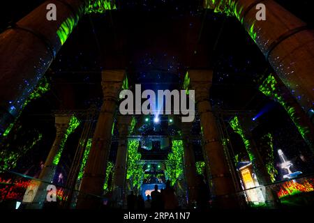 Laser Light Show at Theodosius Cistern (Serefiye Sarnici).  Istanbul, Turkey.   Ancient Roman Underground Cisterns Stock Photo