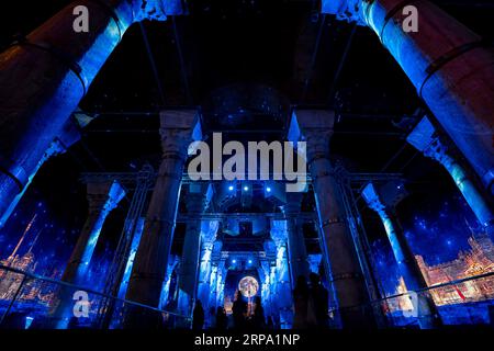 Laser Light Show at Theodosius Cistern (Serefiye Sarnici).  Istanbul, Turkey.   Ancient Roman Underground Cisterns Stock Photo