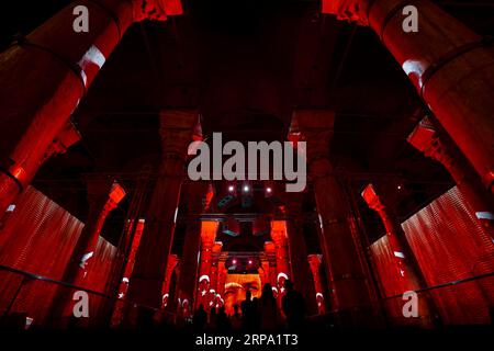 Laser Light Show at Theodosius Cistern (Serefiye Sarnici).  Istanbul, Turkey.   Ancient Roman Underground Cisterns Stock Photo