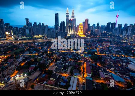 An aerial view of a  nighttime urban scene of a bustling Kuala Lumpur Stock Photo