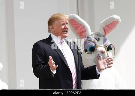 (190422) -- WASHINGTON, April 22, 2019 -- U.S. President Donald Trump attends the annual Easter Egg Roll at the White House in Washington D.C., the United States, on April 22, 2019. White House Easter Egg Roll was held on the South Lawn on Monday as the annual tradition entered its 141st year. ) U.S.-WASHINGTON D.C.-WHITE HOUSE-EASTER EGG ROLL TingxShen PUBLICATIONxNOTxINxCHN Stock Photo