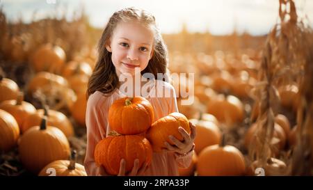 Happy child girl with orange pumpkins in the field outdoor. Stock Photo