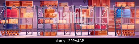 Warehouse interior with boxes on shelves. Vector cartoon illustration of factory, delivery company, supermarket storehouse, wooden crates and plastic containes, lamps on ceiling, industrial background Stock Vector