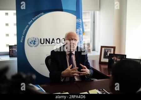 (190424) -- NEW YORK, April 24, 2019 (Xinhua) -- Miguel Angel Moratinos, High Representative for the United Nations Alliance of Civilizations (UNAOC), speaks during an interview with Xinhua in New York, the United States, April 4, 2019. The China-proposed Belt and Road Initiative (BRI) is extremely visionary, very timely and able to help boost the common development of mankind, said the chief of the United Nations Alliance of Civilizations (UNAOC) . (Xinhua/Li Muzi) UN-UNAOC-HIGH REPRESENTATIVE-INTERVIEW-BRI PUBLICATIONxNOTxINxCHN Stock Photo