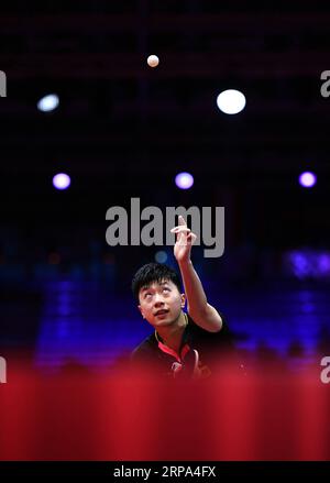 (190425) -- BEIJING, April 25, 2019 (Xinhua) -- Ma Long of China serves during the men s singles round of 64 match against Kanak Jha of the United States at 2019 ITTF World Table Tennis Championships in Budapest, Hungary on April 23, 2019. (Xinhua/Lu Yang) XINHUA PHOTOS OF THE DAY PUBLICATIONxNOTxINxCHN Stock Photo