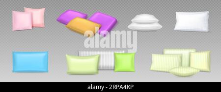 3d isolated color bed pillow stack vector mockup. Inflatable and soft square shape cushion pile. Fabric orthopedic pillowcase template in purple and blue set. Puffy satin or cotton bedroom object Stock Vector