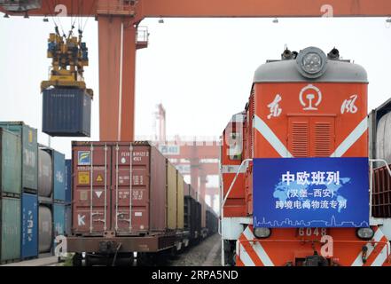 (190426) -- BEIJING, April 26, 2019 -- Photo taken on May 21, 2018 shows a cross-border e-commerce freight train from Hamburg of Germany arriving in Xi an, northwest China s Shaanxi Province. ) (BRF2019) Xi Focus: Xi opens up new horizons for high-quality B&R cooperation LixYibo PUBLICATIONxNOTxINxCHN Stock Photo