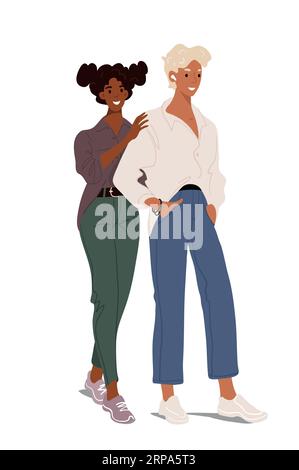 Modern young multiethnic couple of students, modern stylish youth, standing in casual clothes guy and girl, people flat vector characters. cartoon ill Stock Vector