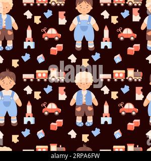 Cute kids seamless pattern. Children toys. Funny boys in shorts, train, clockwork car, puzzles and cubes on black background. Vector illustration in c Stock Vector