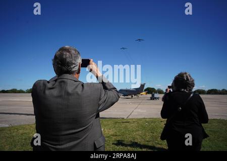 (190429) -- WASHINGTON D.C., April 29, 2019 -- U.S. Air Force planes are seen in the sky during a memorial service at the Joint Base San Antonio-Randolph, Texas, the United States, April 18, 2019. Seventy-nine silver goblets have been symbolically turned upside down, leaving only one, engraved with the name Richard E. Cole, standing upright. All shine behind show windows in the largest military museum in the world as a silent homage commemorating 80 heroic Doolittle Raiders who launched America s first airstrike on Tokyo during WWII. TO GO WITH Feature: Untold story should be told as last Dool Stock Photo