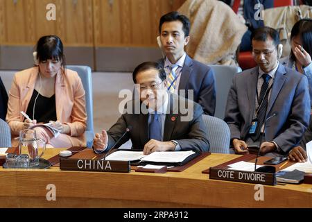 (190429) -- UNITED NATIONS, April 29, 2019 -- Ma Zhaoxu (front), China s permanent representative to the United Nations, addresses a Security Council open debate on the situation in the Middle East at the UN headquarters in New York, April 29, 2019. Ma Zhaoxu on Monday asked the international community to stick to the two-state solution in addressing the Palestinian-Israeli issue, and warned against unilateral action that escalates tension in the region. ) UN-SECURITY COUNCIL-ISRAELI-PALESTINIAN CONFLICT-CHINESE ENVOY LixMuzi PUBLICATIONxNOTxINxCHN Stock Photo