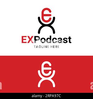 Letter E X EX XE Microphone for Podcast Broadcast Music Radio Entertainment Media in Modern Line Style Logo Design Template Stock Vector