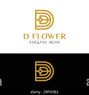 Luxury Letter D with Rose Tulip Flower for Fashion Beauty Spa Wellness Boutique Perfume Florist Logo Design Template Stock Vector