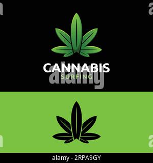 Modern Cannabis Leaves with Surfing Board Logo for Weed Marijuana Hemp Hashish CBD Business Related or Surfing Brand Shop Stock Vector