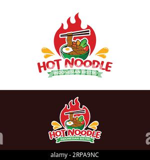 Hot Spicy Noodle Mie Ramen in a Bowl with Chopsticks and Fire Logo Design Template. Suitable for Chinese Japanese Indonesian Mie Restaurant Cafe Resto Stock Vector