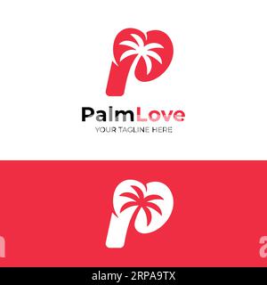 Letter Initial P with Palm Tree and Love for Coastal Beach Resort Tourism or Romantic Honeymoon Holiday in Modern Solid Style Logo Design Template Stock Vector