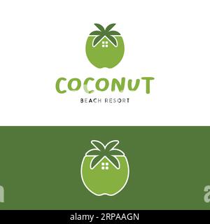 Coconut Fruit with Leaves and House Logo in Simple Clean Style for Beach Resort Hotel Cottage Villa Property Apartment Company or Coconut Business Stock Vector