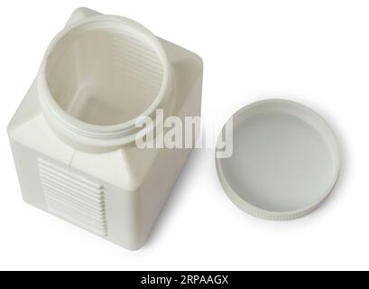 opened white square plastic bottle with cap isolated on white background, top view of blank storage, container mock-up template for graphic designing