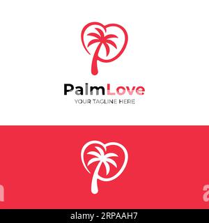 Letter Initial P with Palm Tree and Love for Coastal Beach Resort Tourism or Romantic Honeymoon Holiday in Modern Line Style Logo Design Template Stock Vector