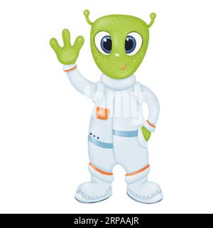 A funny cute alien waves its hand. A green, friendly extraterrestrial. Character in a spacesuit. Space theme. Extraterrestrial creature, science Stock Photo