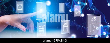 Metaverse business concept, woman using touch virtual agreement with financial icons and artificial Stock Photo