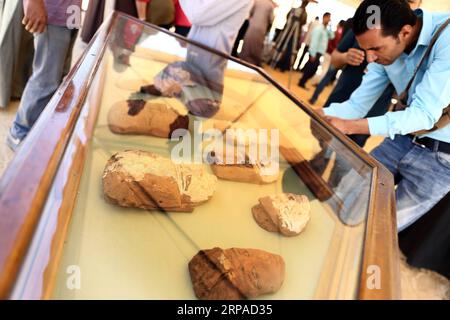 (190504) -- GIZA, May 4, 2019 (Xinhua) -- Photo taken on May 4, 2019 shows artifacts excavated from an Old Kingdom cemetery in Giza, Egypt. Egypt announced on Saturday the discovery of part of an Old Kingdom cemetery during excavations carried out at the southeastern side of Giza Plateau near the Great Pyramids. The discovery was made by an Egyptian Archaeological Mission, Mostafa Waziri, secretary-general of the Supreme Council of Antiquities, said in a statement. Waziri explained that the team uncovered several Old Kingdom tombs and burial shafts, and the oldest one is a limestone family tom Stock Photo