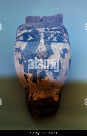 (190504) -- GIZA, May 4, 2019 (Xinhua) -- Photo taken on May 4, 2019 shows an artifact excavated from an Old Kingdom cemetery in Giza, Egypt. Egypt announced on Saturday the discovery of part of an Old Kingdom cemetery during excavations carried out at the southeastern side of Giza Plateau near the Great Pyramids. The discovery was made by an Egyptian Archaeological Mission, Mostafa Waziri, secretary-general of the Supreme Council of Antiquities, said in a statement. Waziri explained that the team uncovered several Old Kingdom tombs and burial shafts, and the oldest one is a limestone family t Stock Photo