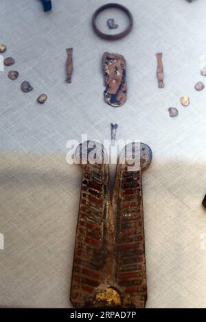 (190504) -- GIZA, May 4, 2019 (Xinhua) -- Photo taken on May 4, 2019 shows artifacts excavated from an Old Kingdom cemetery in Giza, Egypt. Egypt announced on Saturday the discovery of part of an Old Kingdom cemetery during excavations carried out at the southeastern side of Giza Plateau near the Great Pyramids. The discovery was made by an Egyptian Archaeological Mission, Mostafa Waziri, secretary-general of the Supreme Council of Antiquities, said in a statement. Waziri explained that the team uncovered several Old Kingdom tombs and burial shafts, and the oldest one is a limestone family tom Stock Photo